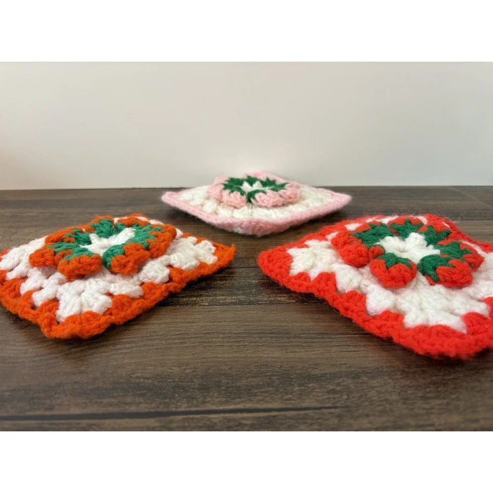 Lot Of 3 Handmade Crochet Floral Granny Square Pot Holder Trivet 6